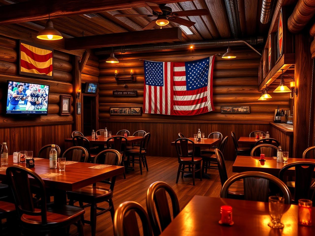 Rustic dining area with wooden tables and American flag decor