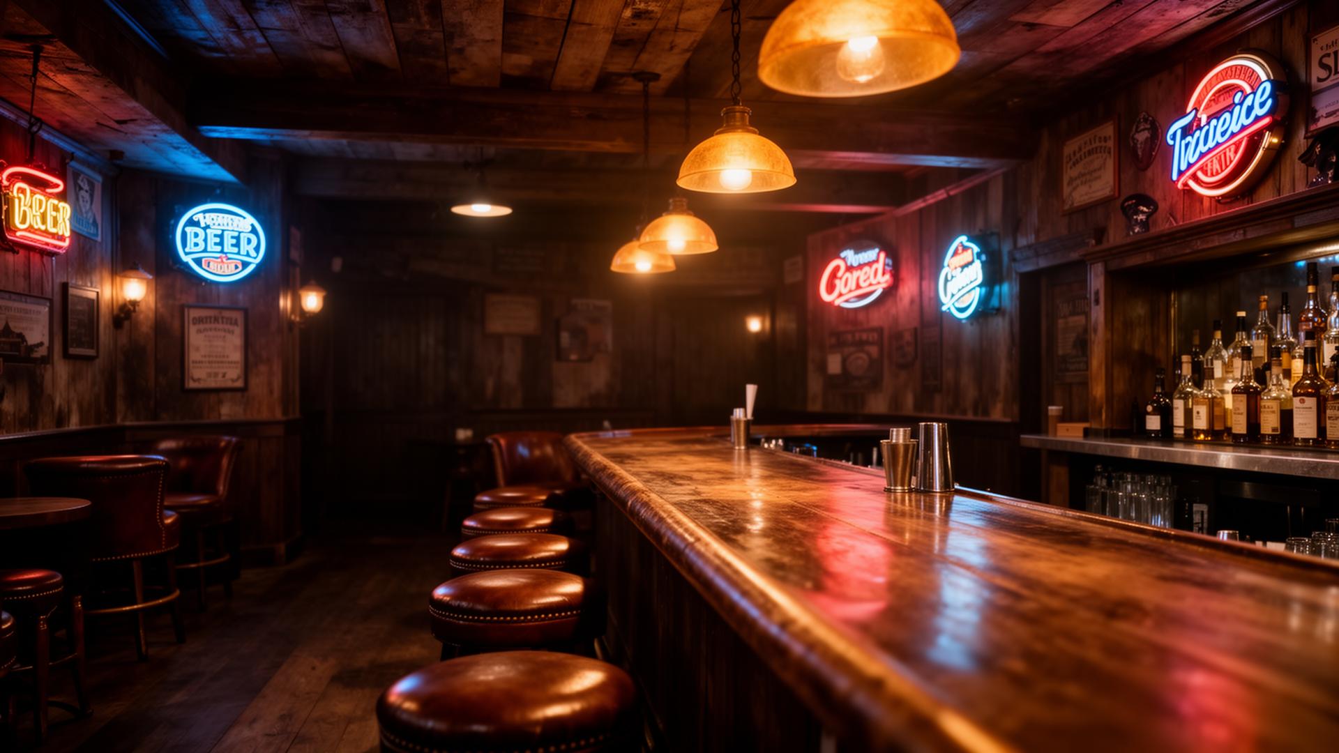 Scenic Lagoon Saloon interior with rustic wooden bar and warm amber lighting